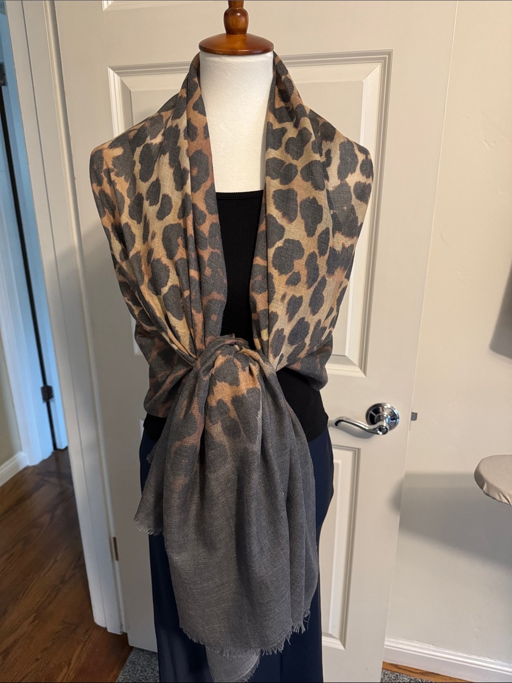 Leopard Print Shawl Coat Wrap - Gray & Tan 65”-35”, lightweight